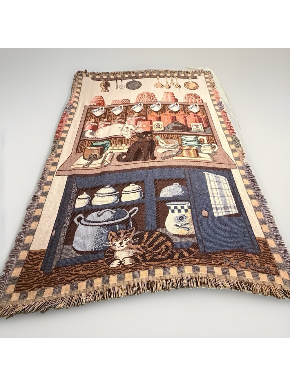 Goodwin Weavers Cats & Coffee Woven Throw Blanket Vintage 48x68
